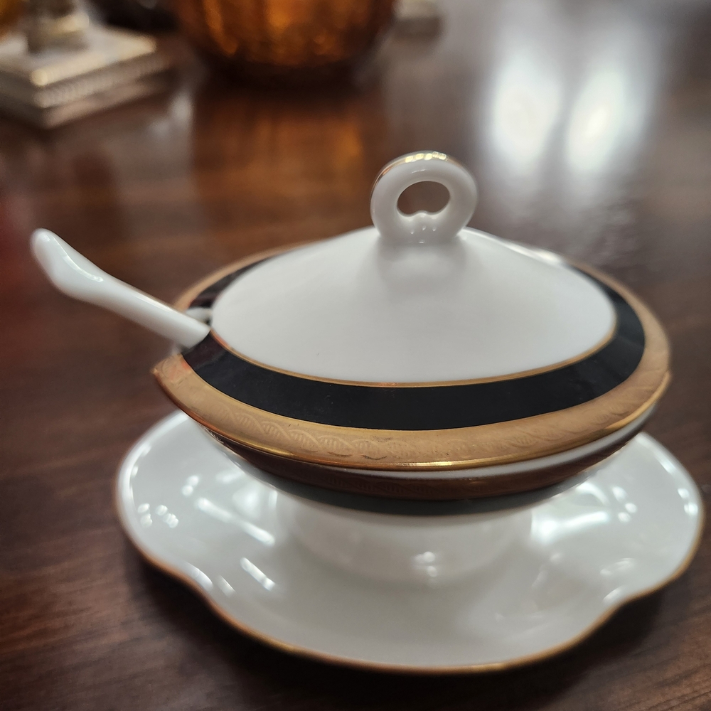 Richard Ginori White and Gold Sugar Bowl with Black Accents